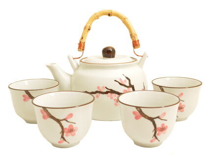 Set de ceai alb cu motive sakura (pentru 4 persoane)