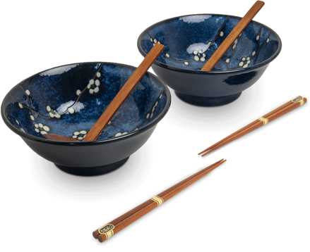 Set de boluri Hana albastru 22cm cu bețișoare pentru 2 persoane EDO JAPAN