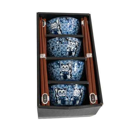Set de boluri japoneze motiv pisică fericită cu bețișoare 4pcs
