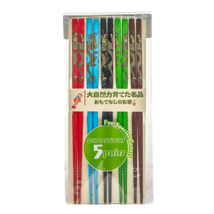 Set de 5 perechi de bețișoare chinezești colorate cu motiv de dragon